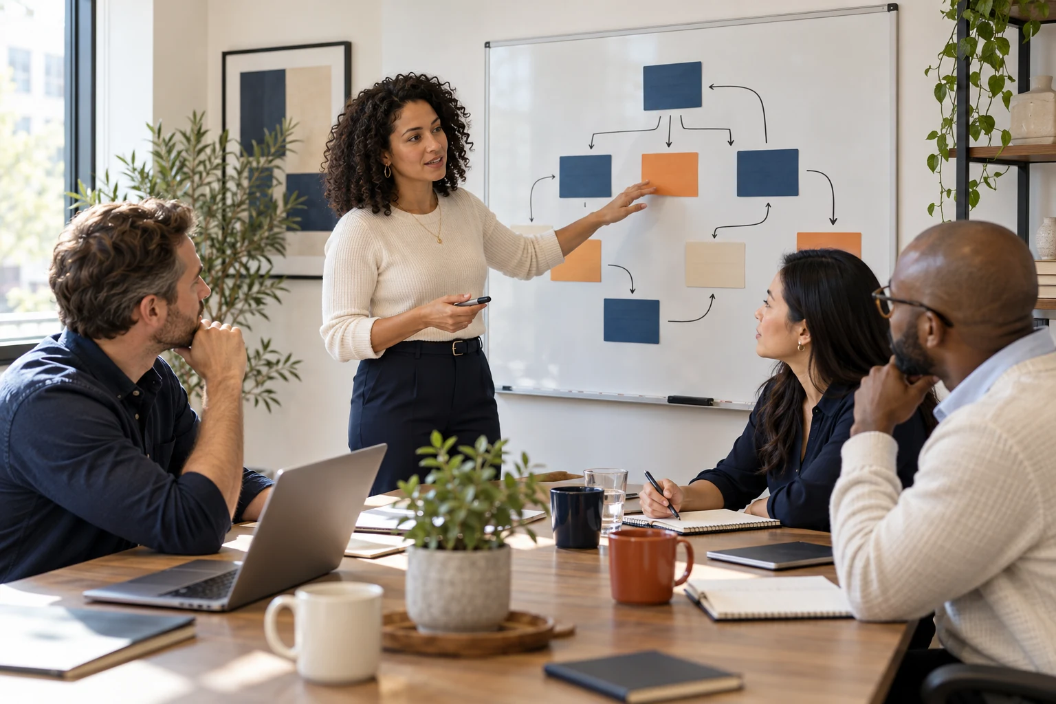 A services leadership team comparing operational workflows in a planning meeting.