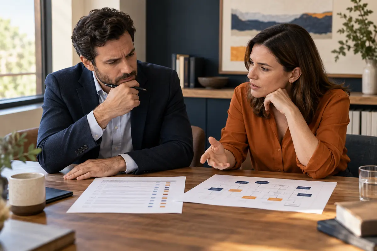 Technology buyer and enterprise architect reviewing a printed architecture blueprint in a bright meeting room, no vendor branding or screens.