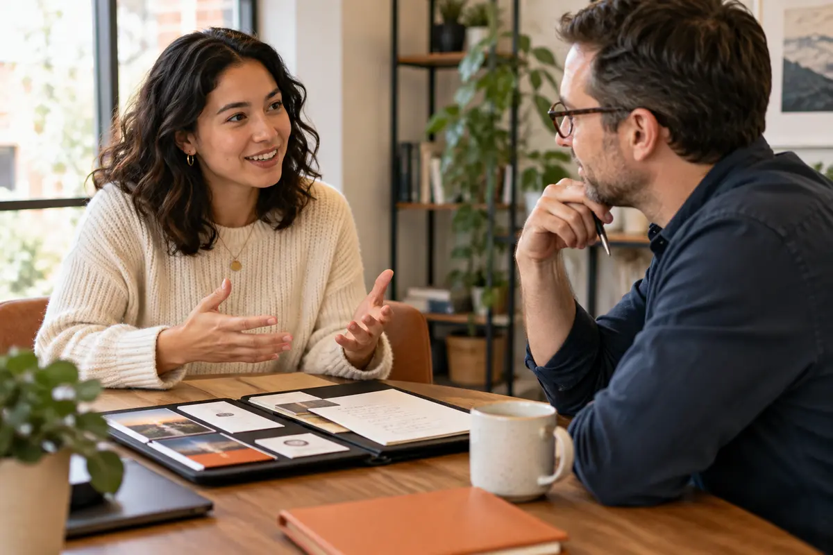 An employee in a supportive career development conversation with her manager, portfolio notebook and training material, relaxed authentic interaction.