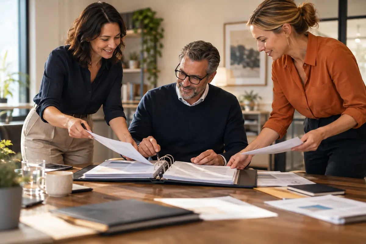 Cross-functional services team collaborating around a large table with project folders and planning materials, warm natural light and diverse professionals.