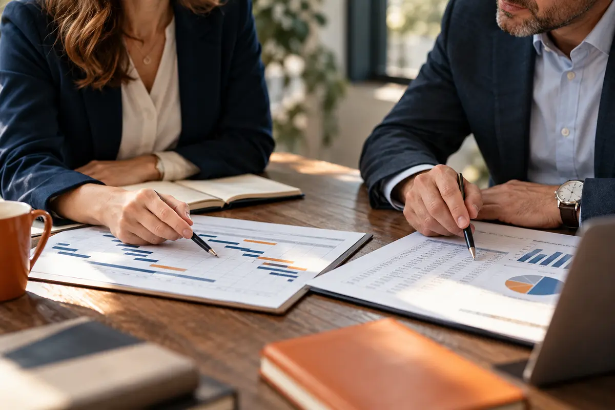 Finance and delivery leaders side by side aligning a milestone plan with a paper financial report, connected joint decision.