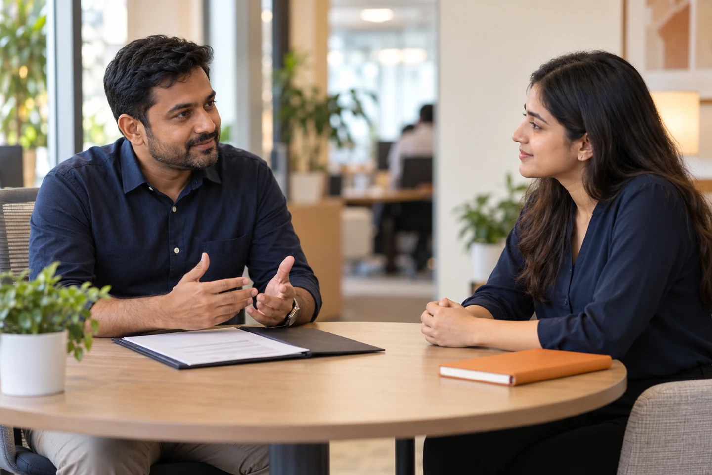 Hiring manager and candidate in a conversation